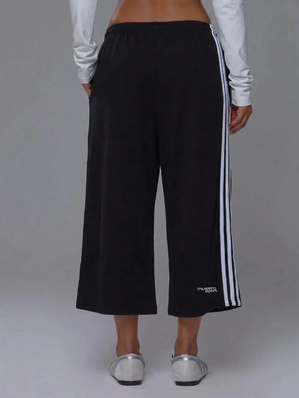 Black And White Casual Women's Drawstring Pocket Colorblock Capri Jogger Pants